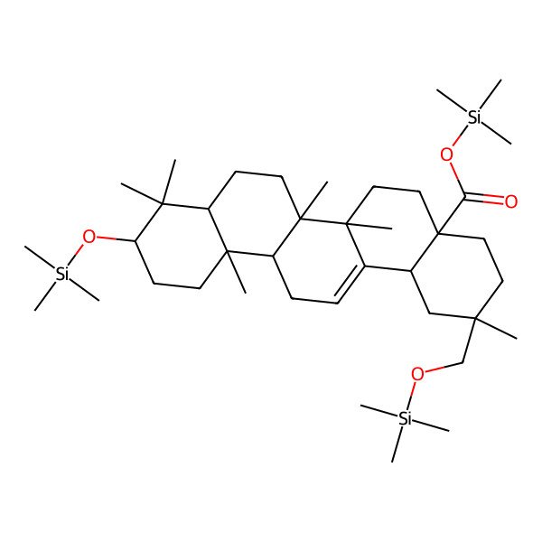 2D Structure of trimethylsilyl (2S,4aR,6aR,6aS,6bR,8aR,10S,12aR,14bS)-2,6a,6b,9,9,12a-hexamethyl-10-trimethylsilyloxy-2-(trimethylsilyloxymethyl)-1,3,4,5,6,6a,7,8,8a,10,11,12,13,14b-tetradecahydropicene-4a-carboxylate