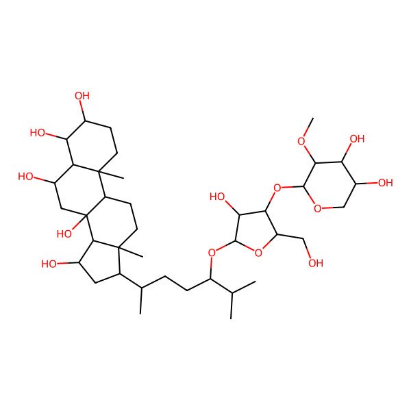 2D Structure of (3S,4R,5S,6R,8S,9R,10S,13R,14S,15S,17R)-17-[(2R,5R)-5-[(2R,3R,4R,5S)-4-[(2S,3R,4S,5R)-4,5-dihydroxy-3-methoxyoxan-2-yl]oxy-3-hydroxy-5-(hydroxymethyl)oxolan-2-yl]oxy-6-methylheptan-2-yl]-10,13-dimethyl-1,2,3,4,5,6,7,9,11,12,14,15,16,17-tetradecahydrocyclopenta[a]phenanthrene-3,4,6,8,15-pentol