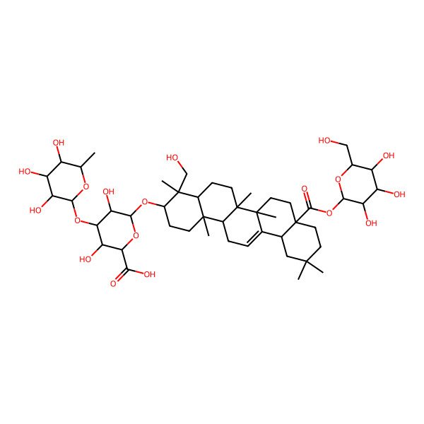 2D Structure of (2S,3S,4S,5R,6R)-6-[[(3S,4R,4aR,6aR,6bS,8aS,12aS,14aR,14bR)-4-(hydroxymethyl)-4,6a,6b,11,11,14b-hexamethyl-8a-[(2S,3R,4S,5S,6R)-3,4,5-trihydroxy-6-(hydroxymethyl)oxan-2-yl]oxycarbonyl-1,2,3,4a,5,6,7,8,9,10,12,12a,14,14a-tetradecahydropicen-3-yl]oxy]-3,5-dihydroxy-4-[(2S,3R,4R,5R,6S)-3,4,5-trihydroxy-6-methyloxan-2-yl]oxyoxane-2-carboxylic acid