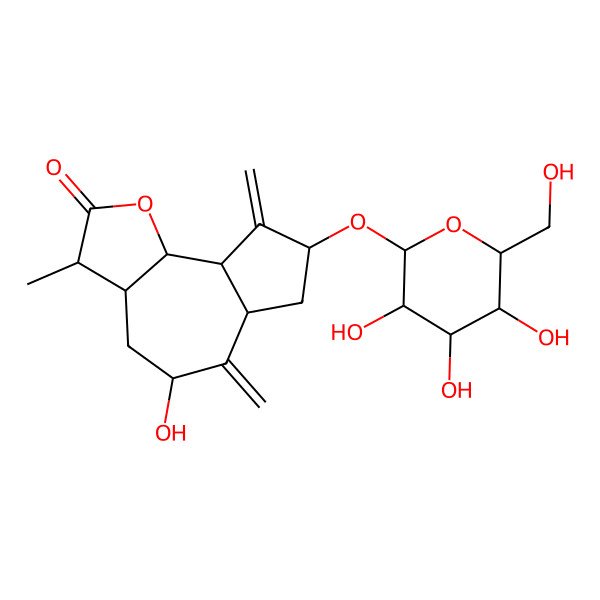 2D Structure of (3S,3aS,5R,6aR,8S,9aR,9bS)-5-hydroxy-3-methyl-6,9-dimethylidene-8-[(2R,3R,4R,5S,6R)-3,4,5-trihydroxy-6-(hydroxymethyl)oxan-2-yl]oxy-3a,4,5,6a,7,8,9a,9b-octahydro-3H-azuleno[4,5-b]furan-2-one