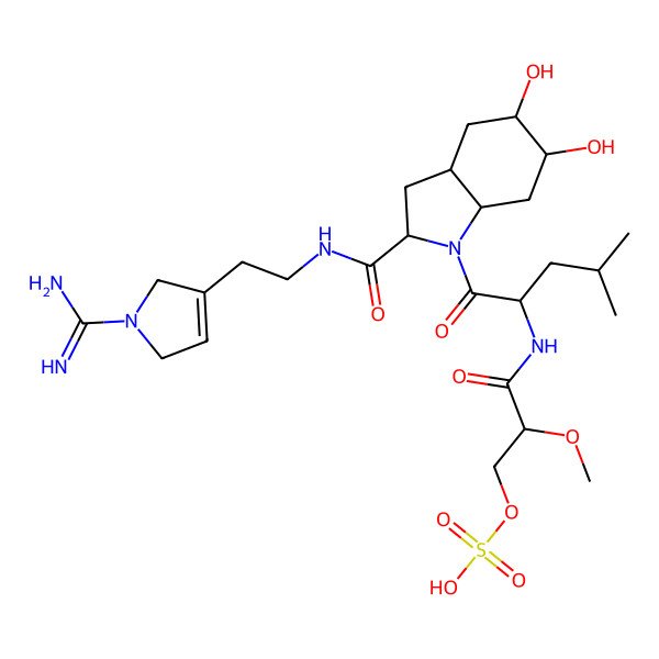 2D Structure of [(2R)-3-[[(2R)-1-[(2S,3aR,5S,6S,7aS)-2-[2-(1-carbamimidoyl-2,5-dihydropyrrol-3-yl)ethylcarbamoyl]-5,6-dihydroxy-2,3,3a,4,5,6,7,7a-octahydroindol-1-yl]-4-methyl-1-oxopentan-2-yl]amino]-2-methoxy-3-oxopropyl] hydrogen sulfate