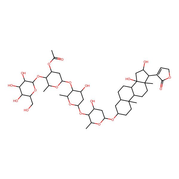 2D Structure of [(2R,3R,4S,6S)-6-[(2R,3S,4S,6S)-6-[(2R,3S,4S,6R)-6-[[(3S,5R,8R,9S,10S,13R,14S,16S,17R)-14,16-dihydroxy-10,13-dimethyl-17-(5-oxo-2H-furan-4-yl)-1,2,3,4,5,6,7,8,9,11,12,15,16,17-tetradecahydrocyclopenta[a]phenanthren-3-yl]oxy]-4-hydroxy-2-methyloxan-3-yl]oxy-4-hydroxy-2-methyloxan-3-yl]oxy-2-methyl-3-[(2S,3R,4S,5S,6R)-3,4,5-trihydroxy-6-(hydroxymethyl)oxan-2-yl]oxyoxan-4-yl] acetate