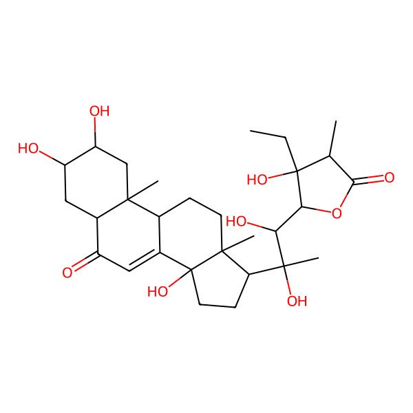 2D Structure of 5-[1,2-dihydroxy-2-(2,3,14-trihydroxy-10,13-dimethyl-6-oxo-2,3,4,5,9,11,12,15,16,17-decahydro-1H-cyclopenta[a]phenanthren-17-yl)propyl]-4-ethyl-4-hydroxy-3-methyloxolan-2-one