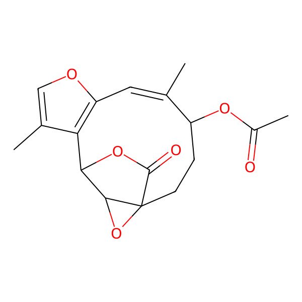 2D Structure of [(1S,4S,5E,12S,13S)-5,10-dimethyl-15-oxo-8,14,16-trioxatetracyclo[10.2.2.01,13.07,11]hexadeca-5,7(11),9-trien-4-yl] acetate