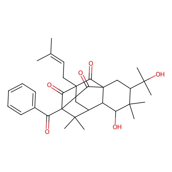 2D Structure of (3S,5R,6S,7R,9R,11S)-9-benzoyl-5-hydroxy-3-(2-hydroxypropan-2-yl)-4,4,8,8-tetramethyl-11-(3-methylbut-2-enyl)tetracyclo[7.3.1.17,11.01,6]tetradecane-10,12,13-trione