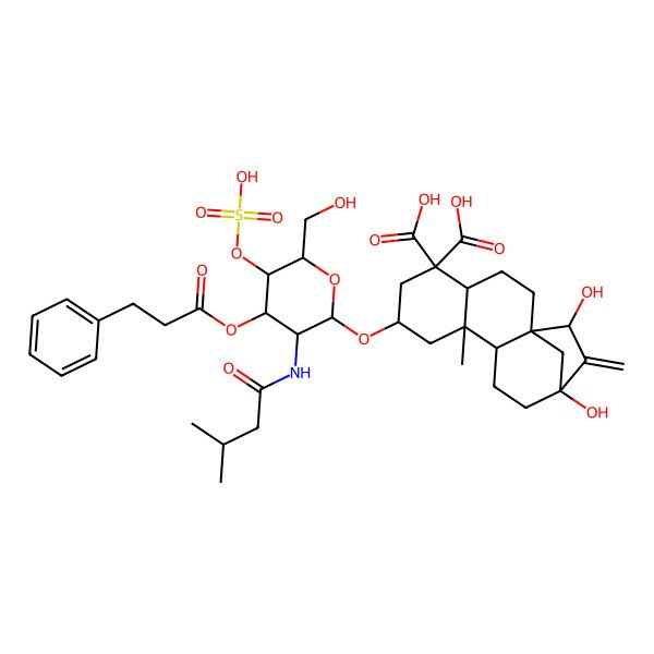 2D Structure of (1R,4S,7S,9S,10S,13S,15R)-13,15-dihydroxy-7-[(2R,3R,4R,5S,6R)-6-(hydroxymethyl)-3-(3-methylbutanoylamino)-4-(3-phenylpropanoyloxy)-5-sulfooxyoxan-2-yl]oxy-9-methyl-14-methylidenetetracyclo[11.2.1.01,10.04,9]hexadecane-5,5-dicarboxylic acid