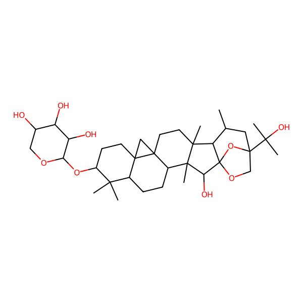 2D Structure of (2S,3R,4S,5R)-2-[[(1R,2R,3S,4S,7R,9S,12R,14S,17R,18R,19R,21R)-2-hydroxy-21-(2-hydroxypropan-2-yl)-3,8,8,17,19-pentamethyl-23,24-dioxaheptacyclo[19.2.1.01,18.03,17.04,14.07,12.012,14]tetracosan-9-yl]oxy]oxane-3,4,5-triol