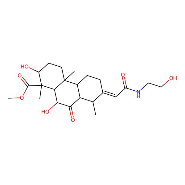 2D Structure of methyl (1R,2S,4aR,4bS,7E,8R,8aS,10R,10aR)-2,10-dihydroxy-7-[2-(2-hydroxyethylamino)-2-oxoethylidene]-1,4a,8-trimethyl-9-oxo-2,3,4,4b,5,6,8,8a,10,10a-decahydrophenanthrene-1-carboxylate