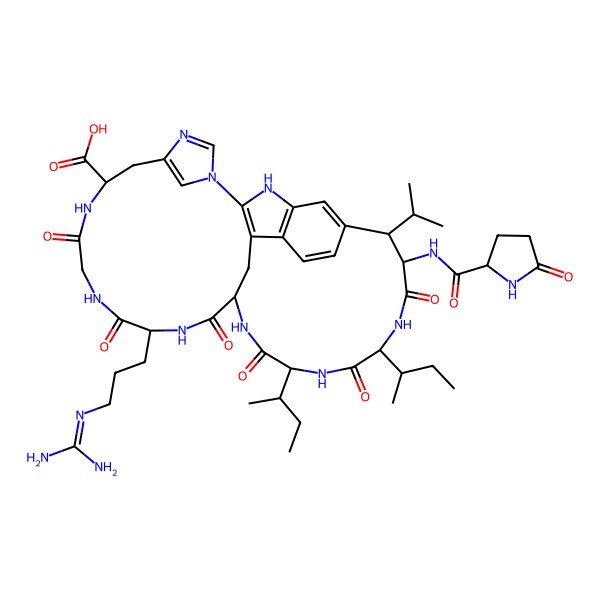 2D Structure of (8S,9S,12S,15S,18S,21S,27R)-12,15-bis[(2R)-butan-2-yl]-21-[3-(diaminomethylideneamino)propyl]-10,13,16,19,22,25-hexaoxo-9-[[(2R)-5-oxopyrrolidine-2-carbonyl]amino]-8-propan-2-yl-2,11,14,17,20,23,26,30,32-nonazapentacyclo[16.14.2.13,7.129,32.04,33]hexatriaconta-1(33),3,5,7(36),29(35),30-hexaene-27-carboxylic acid