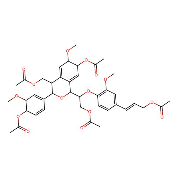 2D Structure of 3-[4-[2-acetyloxy-1-[7-acetyloxy-3-(4-acetyloxy-3-methoxycyclohexa-1,5-dien-1-yl)-4-(acetyloxymethyl)-6-methoxy-3,4,6,7-tetrahydro-1H-isochromen-1-yl]ethoxy]-3-methoxyphenyl]prop-2-enyl acetate