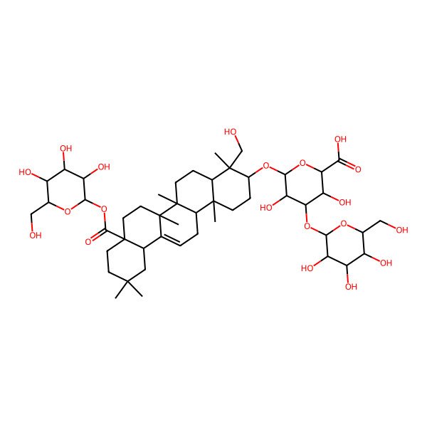 2D Structure of (2S,3S,4S,5R,6R)-6-[[(3S,4R,4aR,6aR,6bS,8aS,12aS,14aR,14bR)-4-(hydroxymethyl)-4,6a,6b,11,11,14b-hexamethyl-8a-[(2S,3R,4S,5S,6R)-3,4,5-trihydroxy-6-(hydroxymethyl)oxan-2-yl]oxycarbonyl-1,2,3,4a,5,6,7,8,9,10,12,12a,14,14a-tetradecahydropicen-3-yl]oxy]-3,5-dihydroxy-4-[(2S,3R,4S,5S,6R)-3,4,5-trihydroxy-6-(hydroxymethyl)oxan-2-yl]oxyoxane-2-carboxylic acid