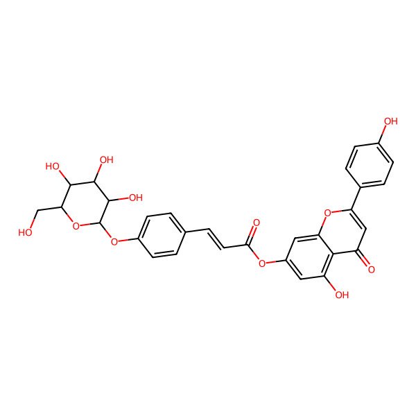 2D Structure of [5-hydroxy-2-(4-hydroxyphenyl)-4-oxochromen-7-yl] (E)-3-[4-[(2S,3R,4S,5S,6R)-3,4,5-trihydroxy-6-(hydroxymethyl)oxan-2-yl]oxyphenyl]prop-2-enoate