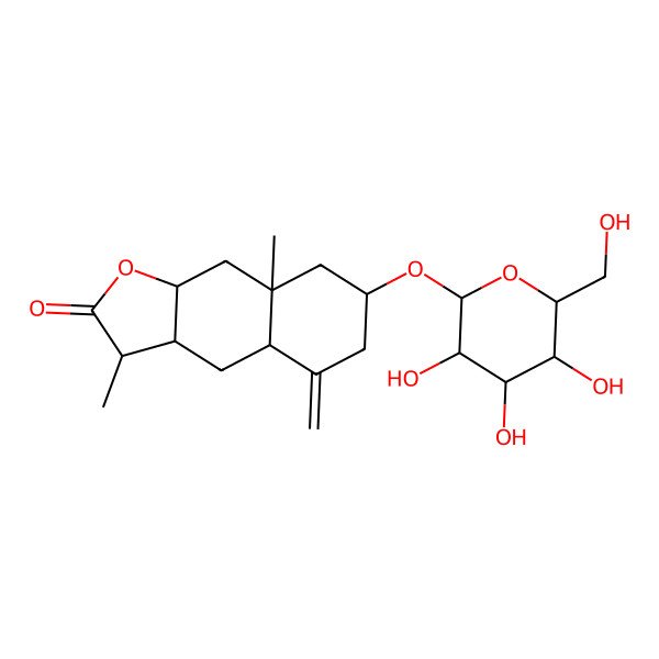 2D Structure of (3S,3aR,4aS,7S,8aR,9aR)-3,8a-dimethyl-5-methylidene-7-[(2R,3R,4S,5S,6R)-3,4,5-trihydroxy-6-(hydroxymethyl)oxan-2-yl]oxy-3a,4,4a,6,7,8,9,9a-octahydro-3H-benzo[f][1]benzofuran-2-one