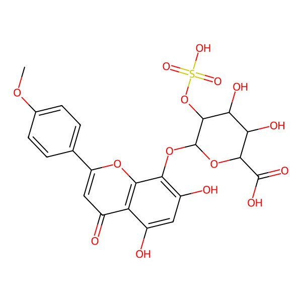 2D Structure of (2S,3S,4S,5R,6S)-6-[5,7-dihydroxy-2-(4-methoxyphenyl)-4-oxochromen-8-yl]oxy-3,4-dihydroxy-5-sulfooxyoxane-2-carboxylic acid