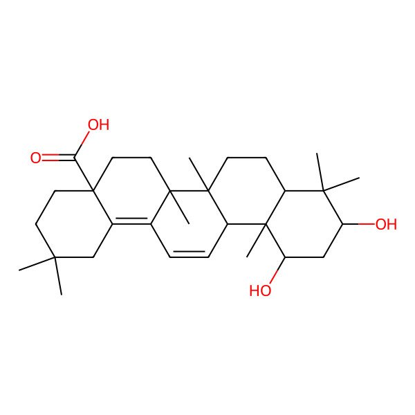 2D Structure of (4aS,6aS,6aS,6bR,8aS,10S,12R,12aS)-10,12-dihydroxy-2,2,6a,6b,9,9,12a-heptamethyl-1,3,4,5,6,6a,7,8,8a,10,11,12-dodecahydropicene-4a-carboxylic acid