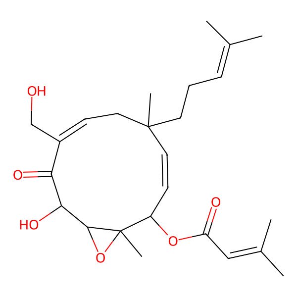 2D Structure of [(1S,2R,3Z,5S,7Z,10S,11R)-10-hydroxy-8-(hydroxymethyl)-1,5-dimethyl-5-(4-methylpent-3-enyl)-9-oxo-12-oxabicyclo[9.1.0]dodeca-3,7-dien-2-yl] 3-methylbut-2-enoate