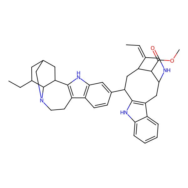 2D Structure of methyl (1S,14R,15E,18S)-12-[(1R,15R,17S,18S)-17-ethyl-3,13-diazapentacyclo[13.3.1.02,10.04,9.013,18]nonadeca-2(10),4(9),5,7-tetraen-6-yl]-15-ethylidene-10,17-diazatetracyclo[12.3.1.03,11.04,9]octadeca-3(11),4,6,8-tetraene-18-carboxylate
