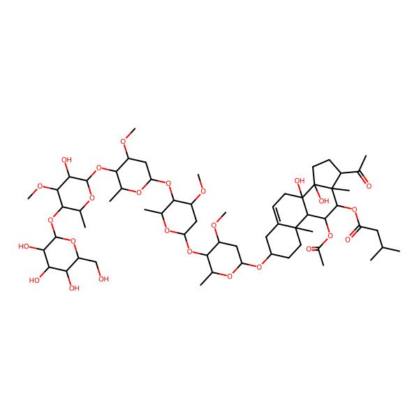 2D Structure of [(3S,8S,9S,10R,11S,12S,13S,14R,17S)-17-acetyl-11-acetyloxy-8,14-dihydroxy-3-[(2R,4S,5R,6R)-5-[(2S,4S,5R,6R)-5-[(2S,4R,5R,6R)-5-[(2S,3R,4S,5R,6R)-3-hydroxy-4-methoxy-6-methyl-5-[(2S,3R,4S,5S,6R)-3,4,5-trihydroxy-6-(hydroxymethyl)oxan-2-yl]oxyoxan-2-yl]oxy-4-methoxy-6-methyloxan-2-yl]oxy-4-methoxy-6-methyloxan-2-yl]oxy-4-methoxy-6-methyloxan-2-yl]oxy-10,13-dimethyl-2,3,4,7,9,11,12,15,16,17-decahydro-1H-cyclopenta[a]phenanthren-12-yl] 3-methylbutanoate