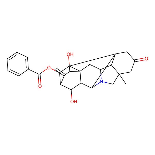2D Structure of [(1S,5R,8R,9S,10R,11S,13R,14S,16S,17R,18S,19S)-10,13-dihydroxy-5-methyl-12-methylidene-3-oxo-7-azaheptacyclo[9.6.2.01,8.05,17.07,16.09,14.014,18]nonadecan-19-yl] benzoate