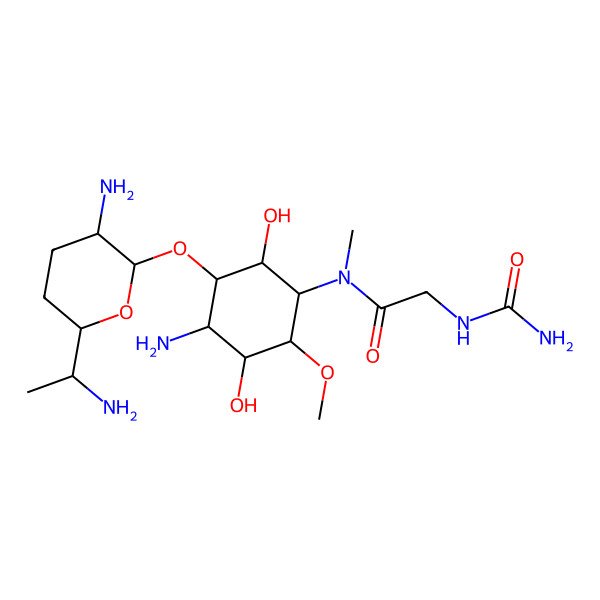2D Structure of N-[(1S,2R,3S,4S,5R,6S)-4-amino-3-[(2R,3R,6R)-3-amino-6-[(1S)-1-aminoethyl]oxan-2-yl]oxy-2,5-dihydroxy-6-methoxycyclohexyl]-2-(carbamoylamino)-N-methylacetamide