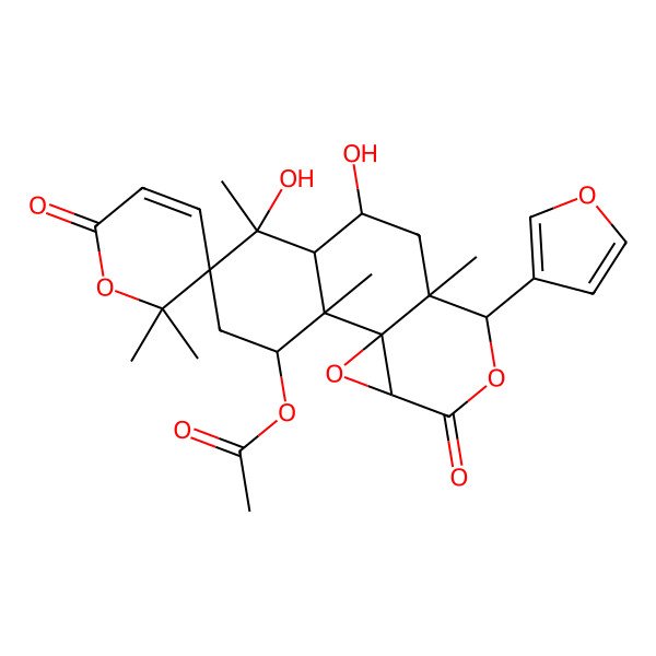 2D Structure of [11-(Furan-3-yl)-6,8-dihydroxy-2,2',2',6,10-pentamethyl-6',13-dioxospiro[12,15-dioxatetracyclo[8.5.0.01,14.02,7]pentadecane-5,3'-pyran]-3-yl] acetate