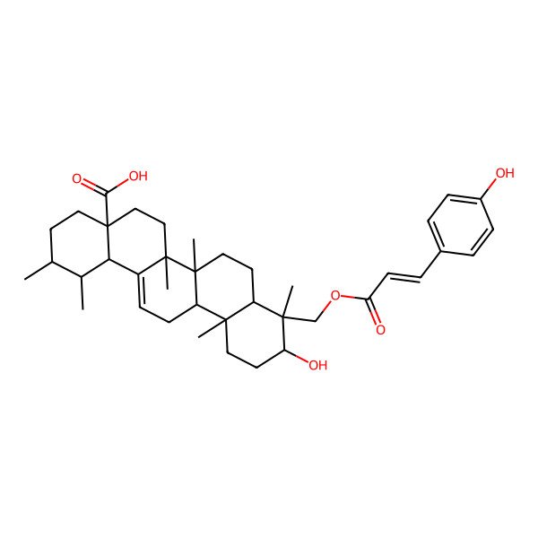 2D Structure of 10-hydroxy-9-[3-(4-hydroxyphenyl)prop-2-enoyloxymethyl]-1,2,6a,6b,9,12a-hexamethyl-2,3,4,5,6,6a,7,8,8a,10,11,12,13,14b-tetradecahydro-1H-picene-4a-carboxylic acid