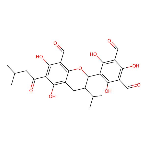 2D Structure of 5-[8-formyl-5,7-dihydroxy-6-(3-methylbutanoyl)-3-propan-2-yl-3,4-dihydro-2H-chromen-2-yl]-2,4,6-trihydroxybenzene-1,3-dicarbaldehyde