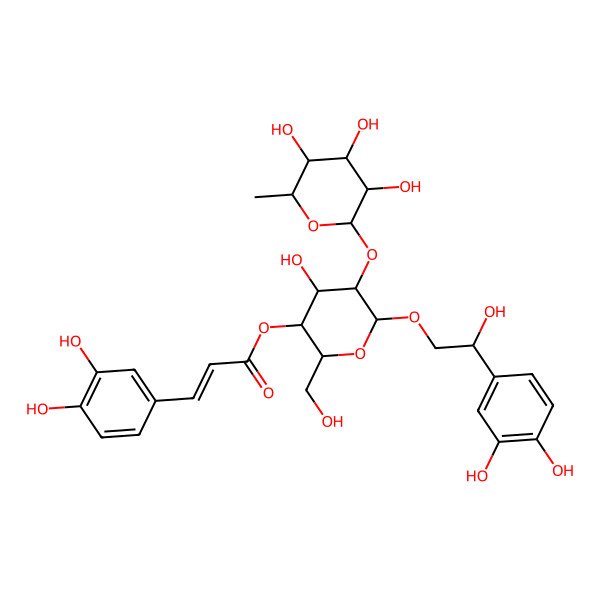 2D Structure of [(2S,3R,4S,5R,6R)-6-[(2S)-2-(3,4-dihydroxyphenyl)-2-hydroxyethoxy]-4-hydroxy-2-(hydroxymethyl)-5-[(2S,3R,4S,5R,6R)-3,4,5-trihydroxy-6-methyloxan-2-yl]oxyoxan-3-yl] (E)-3-(3,4-dihydroxyphenyl)prop-2-enoate