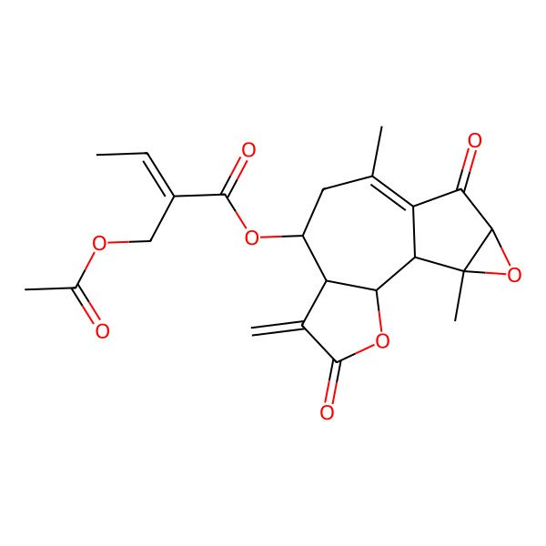 2D Structure of [(1S,2S,6R,7R,12S,14S)-9,14-dimethyl-5-methylidene-4,11-dioxo-3,13-dioxatetracyclo[8.4.0.02,6.012,14]tetradec-9-en-7-yl] (E)-2-(acetyloxymethyl)but-2-enoate