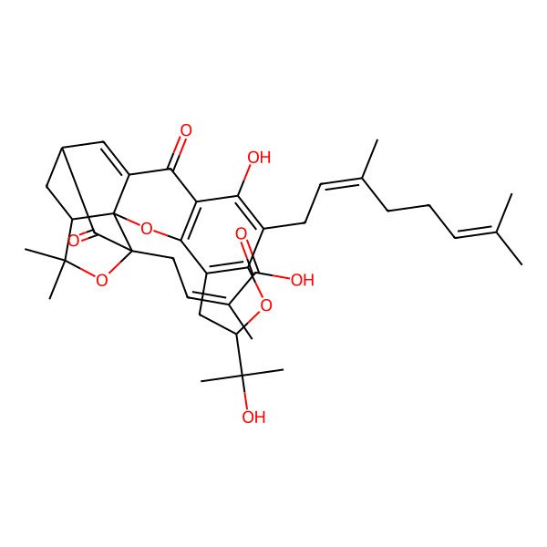 2D Structure of (Z)-4-[(1S,2S,7R,16S,18R)-10-(3,7-dimethylocta-2,6-dienyl)-11-hydroxy-7-(2-hydroxypropan-2-yl)-20,20-dimethyl-13,17-dioxo-3,8,19-trioxahexacyclo[14.4.1.02,14.02,18.04,12.05,9]henicosa-4(12),5(9),10,14-tetraen-18-yl]-2-methylbut-2-enoic acid