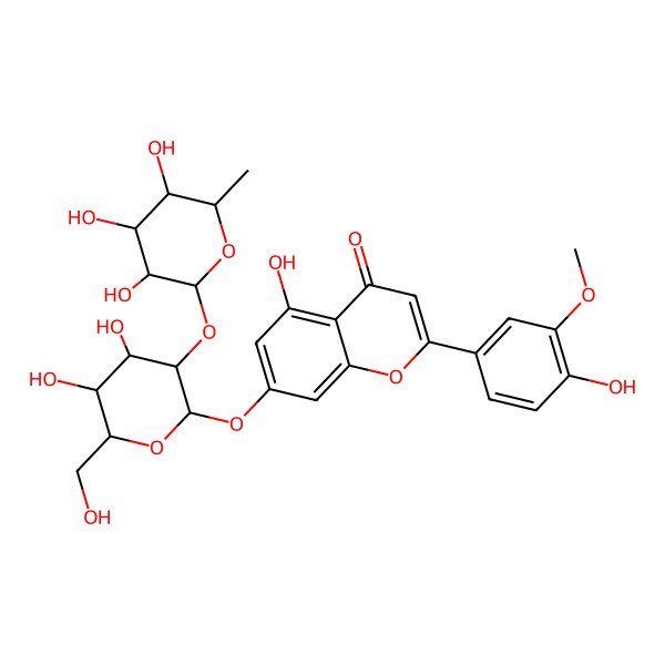 2D Structure of 7-[(2S,3S,4S,5S,6R)-4,5-dihydroxy-6-(hydroxymethyl)-3-[(2S,3S,4R,5R,6S)-3,4,5-trihydroxy-6-methyloxan-2-yl]oxyoxan-2-yl]oxy-5-hydroxy-2-(4-hydroxy-3-methoxyphenyl)chromen-4-one