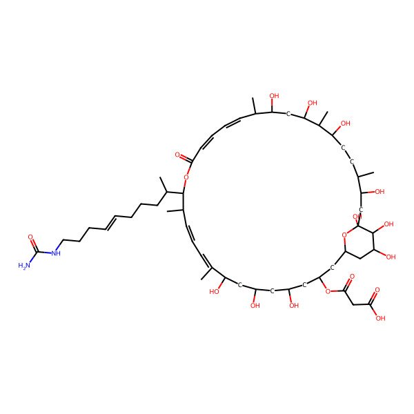 2D Structure of 3-[[(1S,3S,5S,7R,9R,10E,12Z,14R,15R,18E,20E,22S,23S,25S,26S,27S,30S,31R,33R,34S,35R)-15-[(E,2R)-10-(carbamoylamino)dec-6-en-2-yl]-5,7,9,23,25,27,31,33,34,35-decahydroxy-10,14,22,26,30-pentamethyl-17-oxo-16,37-dioxabicyclo[31.3.1]heptatriaconta-10,12,18,20-tetraen-3-yl]oxy]-3-oxopropanoic acid