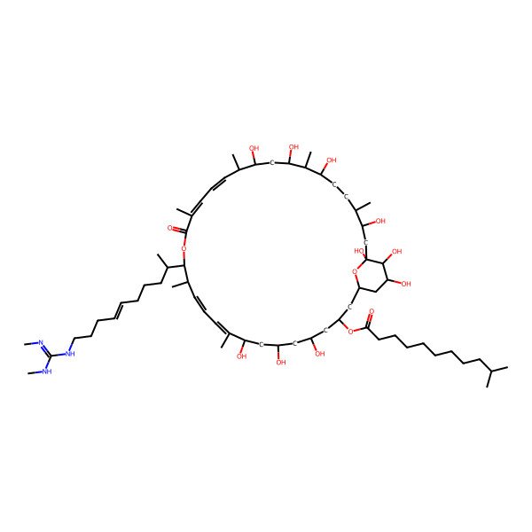 2D Structure of [(1R,3R,5S,7S,9R,10E,12E,14R,15S,18Z,20E,22R,23S,25R,26R,27R,30S,31S,33R,34S,35R)-15-[(E,2S)-10-[(N,N'-dimethylcarbamimidoyl)amino]dec-6-en-2-yl]-5,7,9,23,25,27,31,33,34,35-decahydroxy-10,14,18,22,26,30-hexamethyl-17-oxo-16,37-dioxabicyclo[31.3.1]heptatriaconta-10,12,18,20-tetraen-3-yl] 10-methylundecanoate