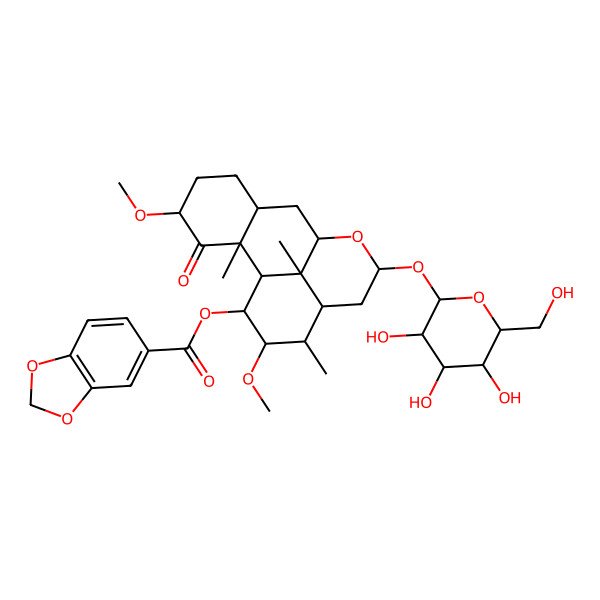 2D Structure of [(1S,2S,4S,7R,9R,11S,13S,14R,15S,16S,17S)-4,15-dimethoxy-2,14,17-trimethyl-3-oxo-11-[(2S,3R,4S,5S,6R)-3,4,5-trihydroxy-6-(hydroxymethyl)oxan-2-yl]oxy-10-oxatetracyclo[7.7.1.02,7.013,17]heptadecan-16-yl] 1,3-benzodioxole-5-carboxylate
