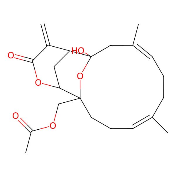 2D Structure of [(1S,3E,7E,11R,12R,16R)-1-hydroxy-3,7-dimethyl-15-methylidene-14-oxo-13,17-dioxatricyclo[9.5.1.112,16]octadeca-3,7-dien-11-yl]methyl acetate