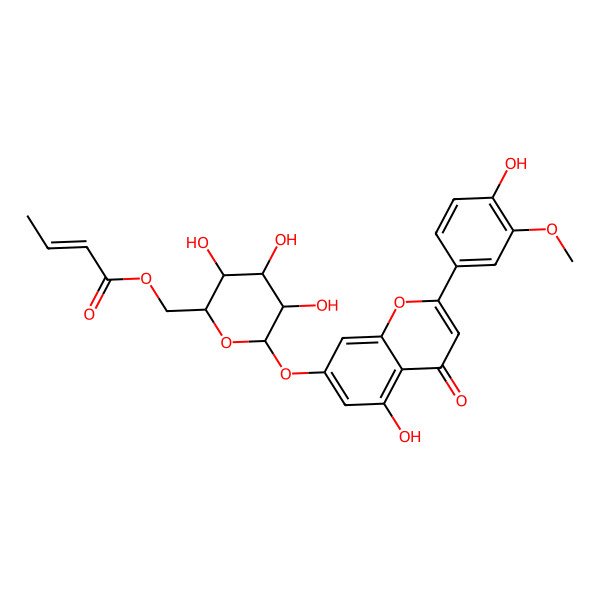 2D Structure of [3,4,5-Trihydroxy-6-[5-hydroxy-2-(4-hydroxy-3-methoxyphenyl)-4-oxochromen-7-yl]oxyoxan-2-yl]methyl but-2-enoate