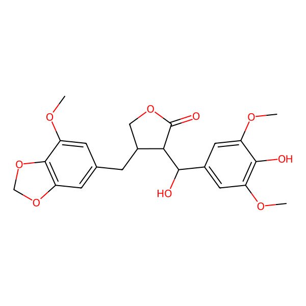 2D Structure of 3-[Hydroxy-(4-hydroxy-3,5-dimethoxyphenyl)methyl]-4-[(7-methoxy-1,3-benzodioxol-5-yl)methyl]oxolan-2-one