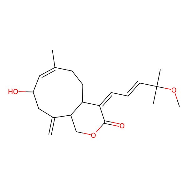 2D Structure of (4E,4aS,7E,9S,11aR)-9-hydroxy-4-[(E)-4-methoxy-4-methylpent-2-enylidene]-7-methyl-11-methylidene-4a,5,6,9,10,11a-hexahydro-1H-cyclonona[c]pyran-3-one