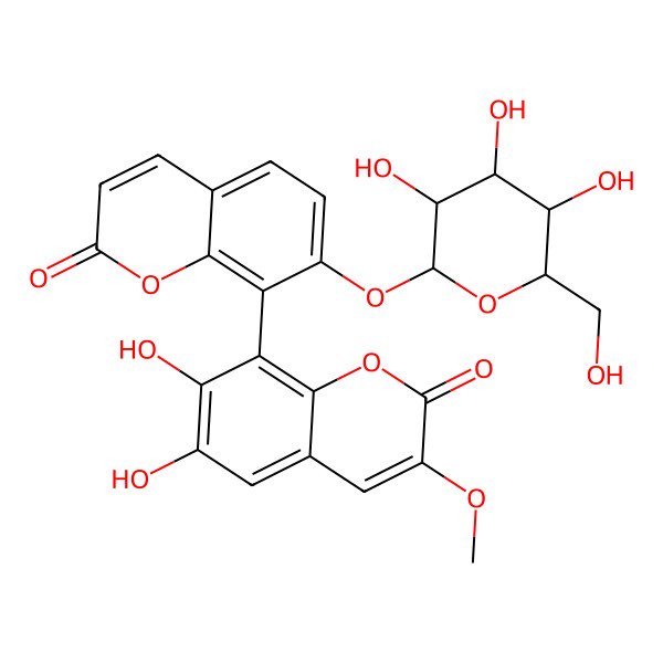 2D Structure of 6,7-dihydroxy-3-methoxy-8-[2-oxo-7-[(2S,3R,4S,5S,6R)-3,4,5-trihydroxy-6-(hydroxymethyl)oxan-2-yl]oxychromen-8-yl]chromen-2-one