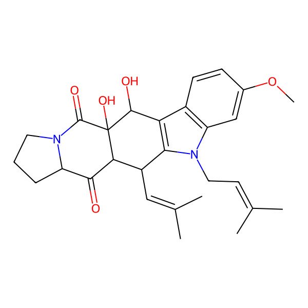 2D Structure of 1,2-Dihydroxy-7-methoxy-10-(3-methylbut-2-enyl)-12-(2-methylprop-1-enyl)-10,19-diazapentacyclo[11.7.0.03,11.04,9.015,19]icosa-3(11),4(9),5,7-tetraene-14,20-dione