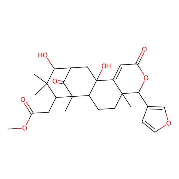 2D Structure of methyl 2-[(1S,2R,5R,6R,11R,13S,14R,16S)-6-(furan-3-yl)-11,14-dihydroxy-1,5,15,15-tetramethyl-8,17-dioxo-7-oxatetracyclo[11.3.1.02,11.05,10]heptadec-9-en-16-yl]acetate