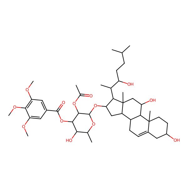 2D Structure of [(2R,3R,4R,5S,6S)-3-acetyloxy-2-[[(3S,8S,9S,10R,11R,13S,14S,16S,17S)-3,11-dihydroxy-17-[(2S,3S)-3-hydroxy-6-methylheptan-2-yl]-10,13-dimethyl-2,3,4,7,8,9,11,12,14,15,16,17-dodecahydro-1H-cyclopenta[a]phenanthren-16-yl]oxy]-5-hydroxy-6-methyloxan-4-yl] 3,4,5-trimethoxybenzoate