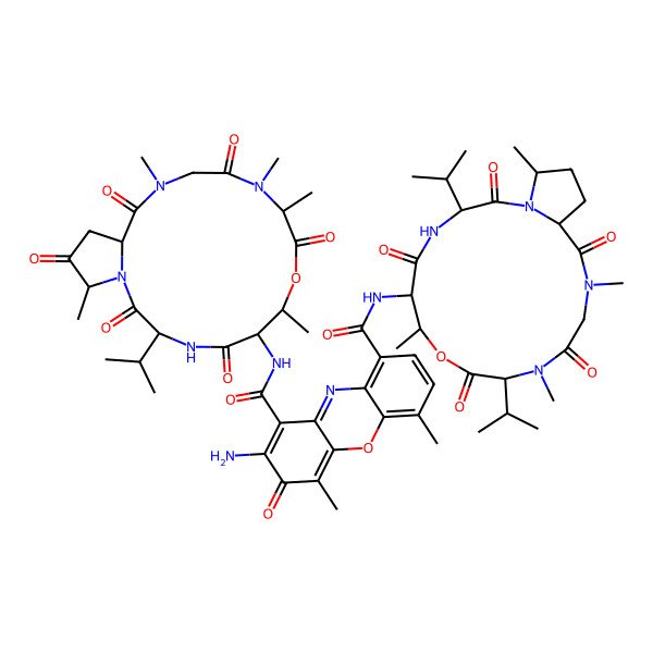 2D Structure of 2-amino-4,6-dimethyl-3-oxo-1-N-(7,10,11,14,19-pentamethyl-2,5,9,12,15,18-hexaoxo-3-propan-2-yl-8-oxa-1,4,11,14-tetrazabicyclo[14.3.0]nonadecan-6-yl)-9-N-[7,11,14,19-tetramethyl-2,5,9,12,15-pentaoxo-3,10-di(propan-2-yl)-8-oxa-1,4,11,14-tetrazabicyclo[14.3.0]nonadecan-6-yl]phenoxazine-1,9-dicarboxamide