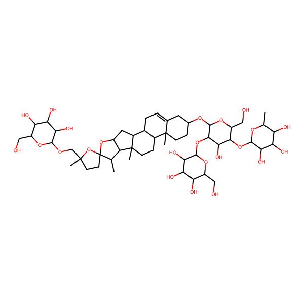 2D Structure of (2S,3R,4R,5R,6S)-2-[(2R,3S,4S,5R,6R)-4-hydroxy-2-(hydroxymethyl)-6-[(1S,2S,4S,5'S,6S,7S,8R,9S,12S,13R,16S)-5',7,9,13-tetramethyl-5'-[[(2S,3R,4S,5S,6R)-3,4,5-trihydroxy-6-(hydroxymethyl)oxan-2-yl]oxymethyl]spiro[5-oxapentacyclo[10.8.0.02,9.04,8.013,18]icos-18-ene-6,2'-oxolane]-16-yl]oxy-5-[(2S,3R,4S,5S,6R)-3,4,5-trihydroxy-6-(hydroxymethyl)oxan-2-yl]oxyoxan-3-yl]oxy-6-methyloxane-3,4,5-triol