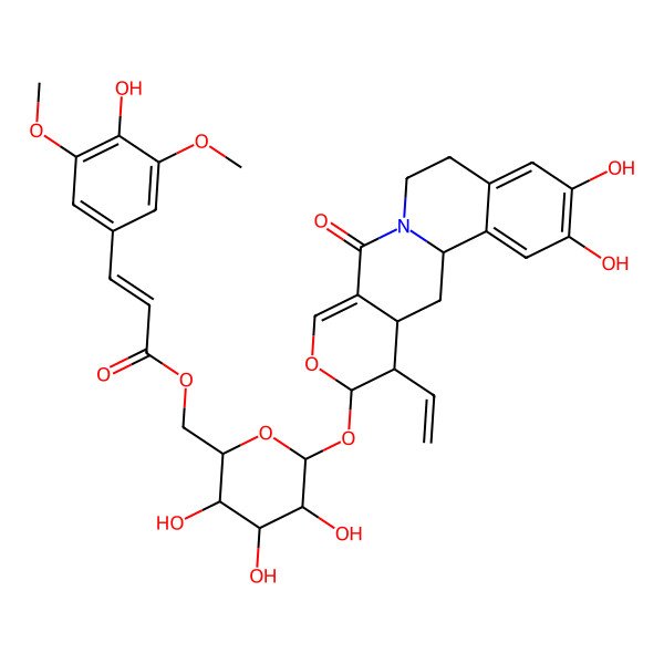 2D Structure of [6-[(16-Ethenyl-4,5-dihydroxy-11-oxo-14-oxa-10-azatetracyclo[8.8.0.02,7.012,17]octadeca-2,4,6,12-tetraen-15-yl)oxy]-3,4,5-trihydroxyoxan-2-yl]methyl 3-(4-hydroxy-3,5-dimethoxyphenyl)prop-2-enoate