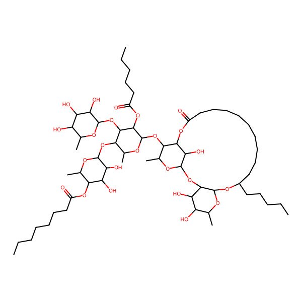 2D Structure of [(2S,3R,4S,5R,6S)-6-[(2S,3S,4R,5R,6S)-5-hexanoyloxy-2-methyl-6-[[(1S,3R,4S,5R,6R,8R,10S,22S,23S,24S,26R)-4,5,26-trihydroxy-6,24-dimethyl-20-oxo-10-pentyl-2,7,9,21,25-pentaoxatricyclo[20.3.1.03,8]hexacosan-23-yl]oxy]-4-[(2S,3R,4R,5R,6S)-3,4,5-trihydroxy-6-methyloxan-2-yl]oxyoxan-3-yl]oxy-4,5-dihydroxy-2-methyloxan-3-yl] octanoate