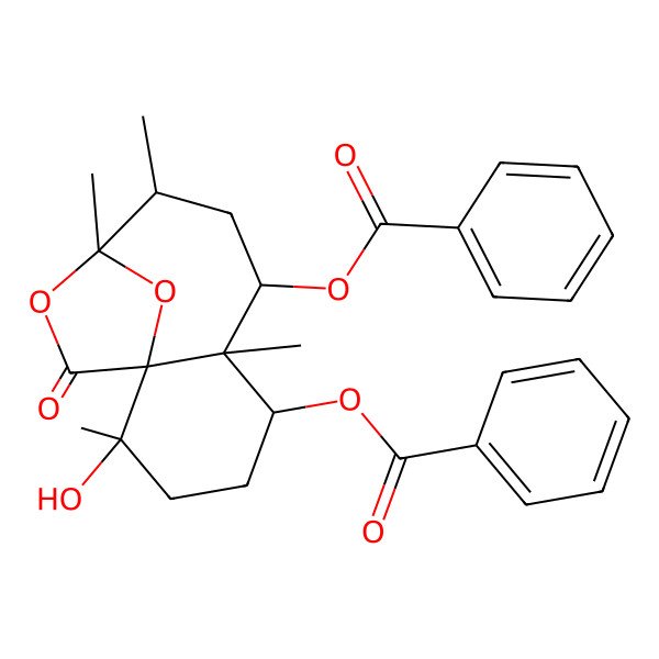 2D Structure of (7-Benzoyloxy-2-hydroxy-2,6,9,10-tetramethyl-12-oxo-11,13-dioxatricyclo[8.2.1.01,6]tridecan-5-yl) benzoate