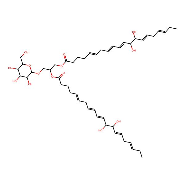 2D Structure of [(2S)-2-[(5Z,8Z,10E,12R,13S,14Z,17Z)-12,13-dihydroxyicosa-5,8,10,14,17-pentaenoyl]oxy-3-[(2R,3R,4S,5R,6R)-3,4,5-trihydroxy-6-(hydroxymethyl)oxan-2-yl]oxypropyl] (5Z,8Z,10E,12R,13S,14Z,17Z)-12,13-dihydroxyicosa-5,8,10,14,17-pentaenoate