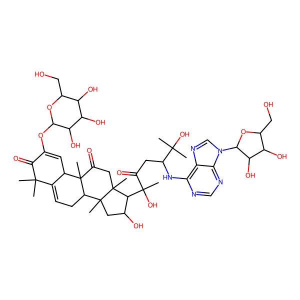 2D Structure of (8S,9R,10R,13R,14S,16R,17R)-17-[(2R,5R)-5-[[9-[(2S,3R,4S,5S)-3,4-dihydroxy-5-(hydroxymethyl)oxolan-2-yl]purin-6-yl]amino]-2,6-dihydroxy-6-methyl-3-oxoheptan-2-yl]-16-hydroxy-4,4,9,13,14-pentamethyl-2-[(2S,3R,4S,5R,6R)-3,4,5-trihydroxy-6-(hydroxymethyl)oxan-2-yl]oxy-8,10,12,15,16,17-hexahydro-7H-cyclopenta[a]phenanthrene-3,11-dione