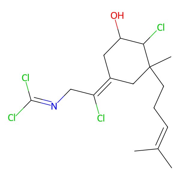 2D Structure of 2-Chloro-5-[1-chloro-2-(dichloromethylideneamino)ethylidene]-3-methyl-3-(4-methylpent-3-enyl)cyclohexan-1-ol